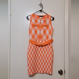 Karen Millen Check Bandage Dress, Recycled Yarn, Size S. Orange & white.